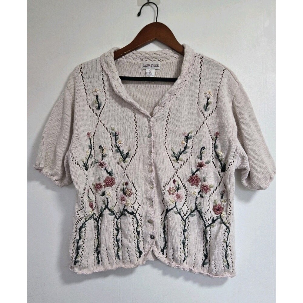 VTG Laura Tyler Sweater Womens L Crochet Heritage Floral Cottagecore Grandma